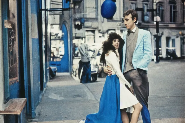 Image similar to film photography, 35mm, 1970s, love and romantic in blue colors, feeling of young and freedom, in style of Joel Meyerowitz