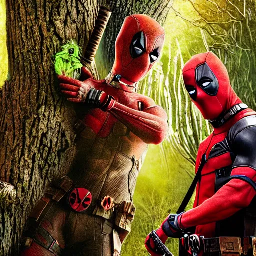 Image similar to deadpool and groot in the woods playing digital art 4 k detailed