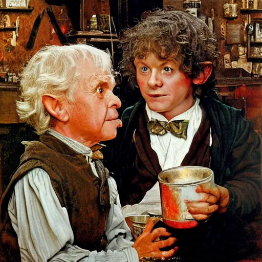 Image similar to bilbo baggins gets on myspace, realistic oil painting, style of norman rockwell, 8 k, super sharp, ultra detail, rule of thirds.