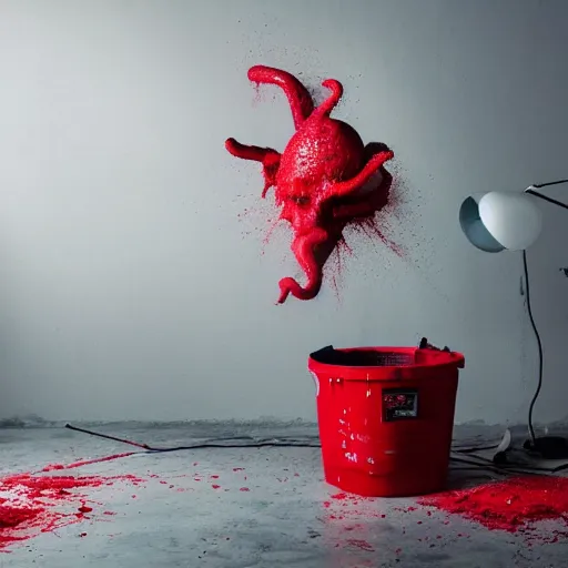 Image similar to a clean studio photography set, there is a bucket of red paint and it has just viciously exploded, there is paint EVERYWHERE, even on the octopus, incredible beautiful ambient light