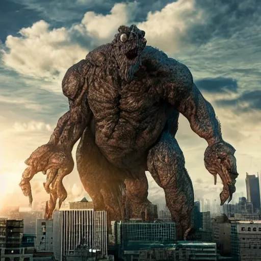 Image similar to a large, hideous monster looming over a city, scary, photorealistic
