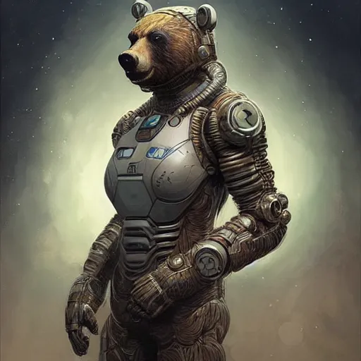 Image similar to detailed science - fiction character portrait of a grizzly bear space robot suit, intricate, wild, highly detailed, digital painting, artstation, concept art, smooth, sharp focus, illustration, art by artgerm and greg rutkowski and alphonse mucha