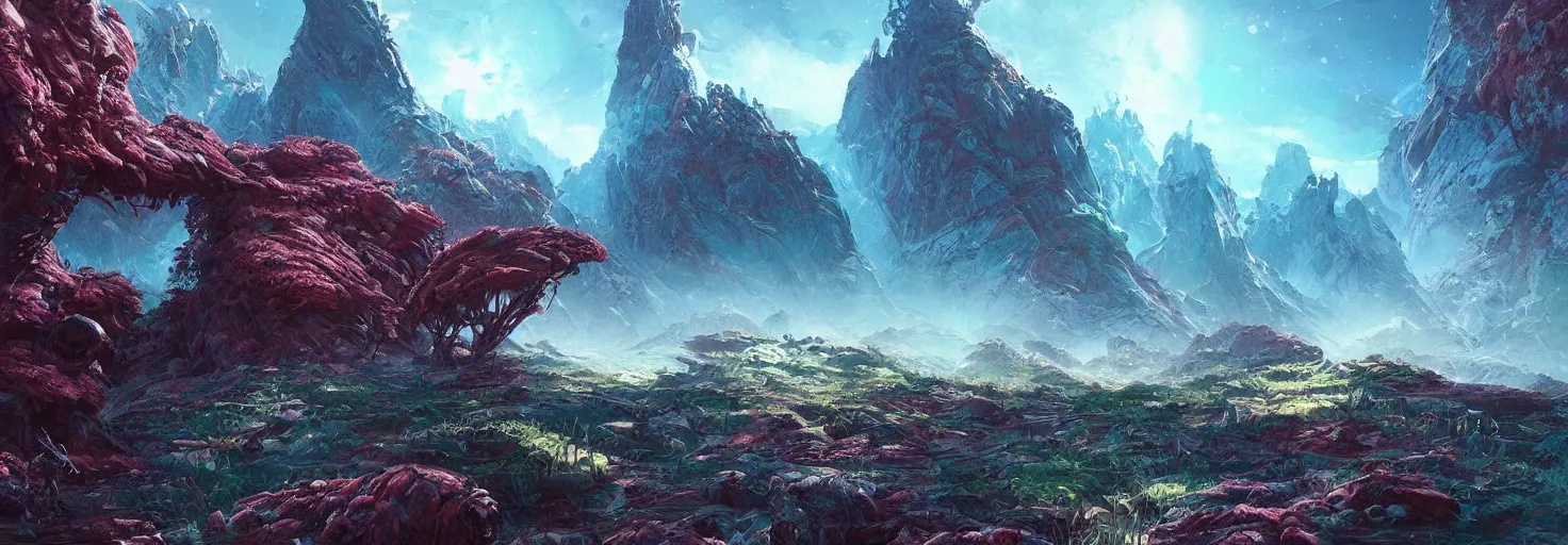 Image similar to alien planet : landscape : flora and fauna : aleksandr pronin | humble : android jones