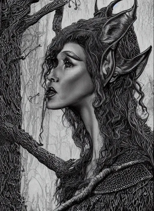 Prompt: portrait of wanda woodward as a forest elf, D&D, fantasy pen and ink by virgil finlay, trending on artstation, HD, intricate, masterpiece, concept art, character design