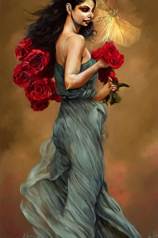 Prompt: Morena Baccarin dressed in a vaporous wrapped large victorian red roses silk semi-transparent dress fashion is running D&D, fantasy, intricate, elegant, highly detailed, digital painting, artstation, concept art, matte, sharp focus, illustration, art by Artgerm and Greg Rutkowski and Alphonse Mucha