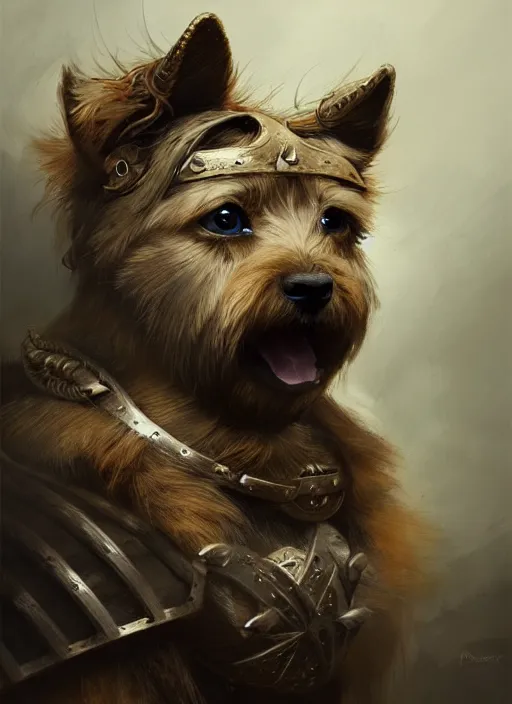 Image similar to norwich terrier as an viking, backround dark, highly detailed, digital illustration, trending in artstation, modern painting, smooth, sharp focus, intricate, by peter mohrbacher