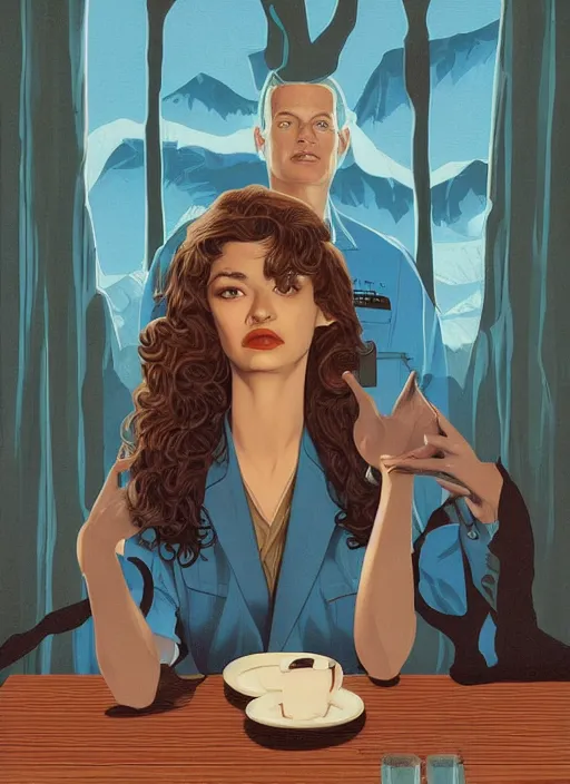 Image similar to Twin Peaks poster artwork by Michael Whelan, Bob Larkin and Tomer Hanuka, Karol Bak of portrait of Zendaya is a high school student working at the diner wearing light blue waitress dress, from scene from Twin Peaks, simple illustration, domestic, nostalgic, from scene from Twin Peaks, clean
