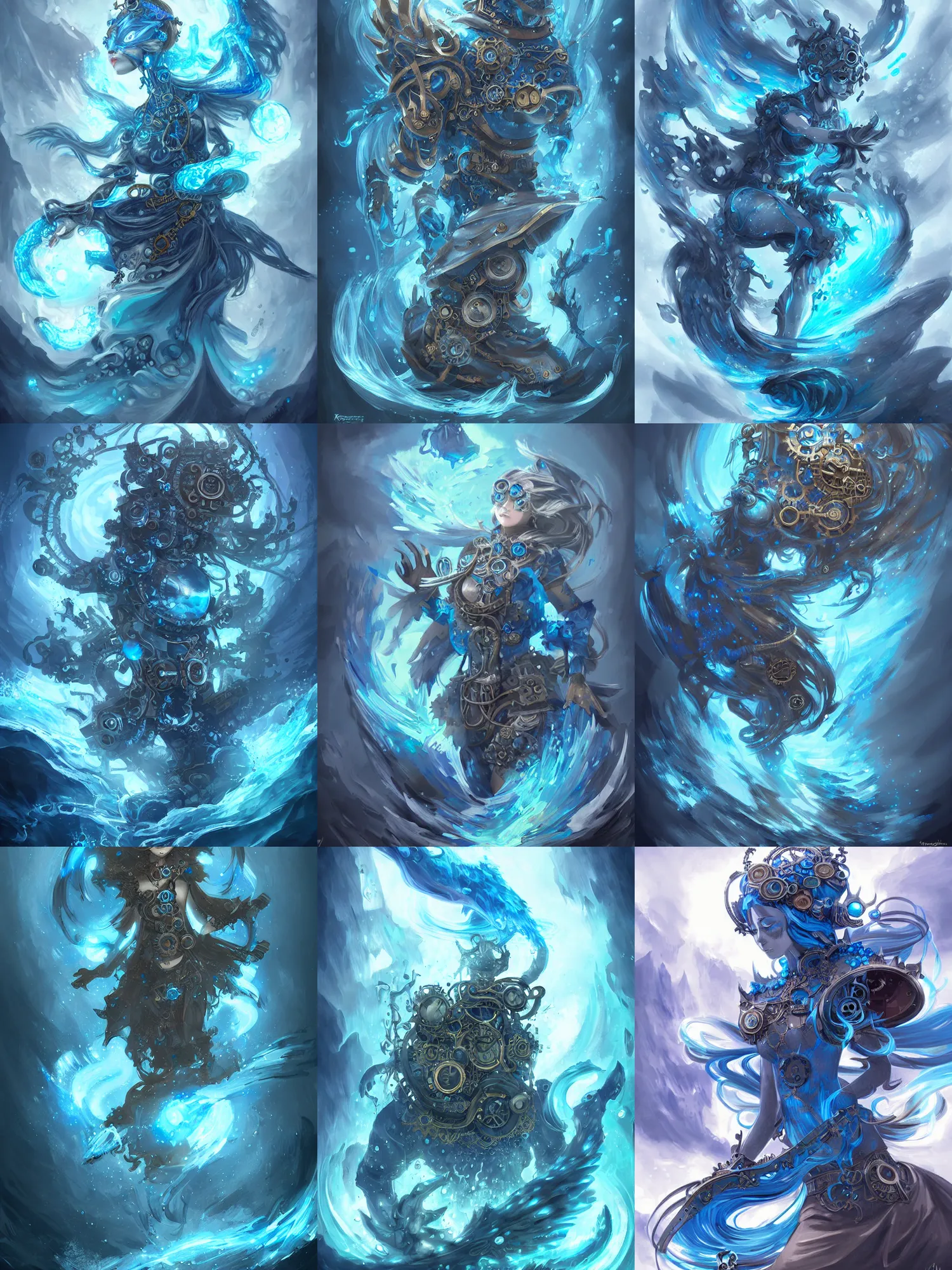 Prompt: water elemental, steampunk, summon, high fantasy, blue monochromatic, digital painting, by rossdraws