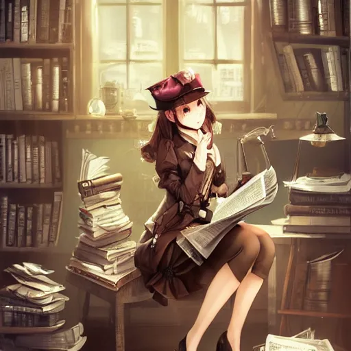 Image similar to a steampunk detective girl sitting in her office reading a newspaper | | cute - fine - face, pretty face, fine details by stanley artgerm lau, wlop, rossdraws, james jean, andrei riabovitchev, marc simonetti, and sakimichan, trending on artstation