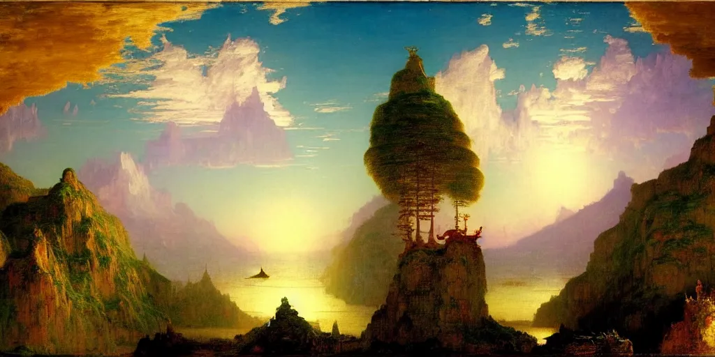 Prompt: a fantasy landscape of a floating island in the sky by whistler, thomas cole, and lisa frank