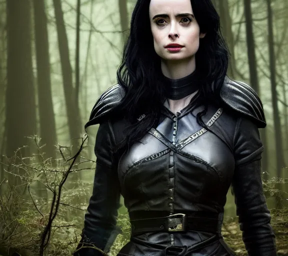 Image similar to 5 5 mm close up portrait photo of krysten ritter as yennefer of vengerberg in black leather armor and black hair, in a forest. magical atmosphere. art by greg rutkowski. lifelike. very detailed 8 k. intricate. soft light. nikon d 8 5 0.