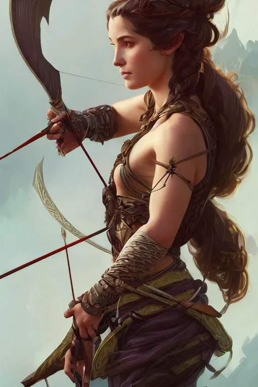 Image similar to beautiful female archer, full body shot, long hair, d & d, fantasy, intricate, elegant, highly detailed, digital painting, artstation, concept art, matte, sharp focus, illustration, hearthstone, art by artgerm and greg rutkowski and alphonse mucha