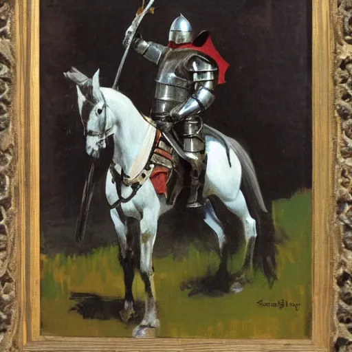 Prompt: portrait of medieval knight on horseback, with jousting gear by greg manchess, bernie fuchs, walter everett, lost edges