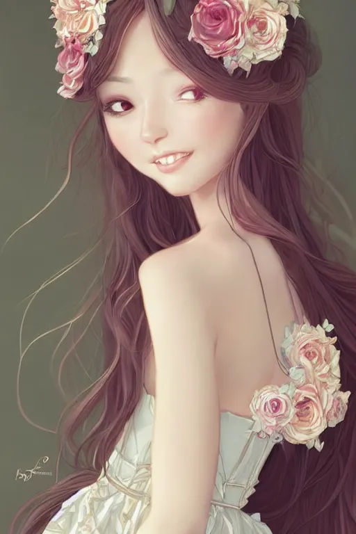 Image similar to romantic and fashion and love princess of the flower with sheath dress, 8 k realistic, teenager girl, baroque, symmetrical, flowing hair, smile, trending pinterest and pixiv, muted colors, hyperrealistic, l close up shot, character concept art, face by kyoung hwan kim, alexandra fomina, ilya kuvshinov