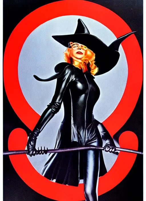 Image similar to perfectly centred realistic picture of a character dressed in leather tight suit and witch hat, dark,!! poster from 8 0 - s by waldemar swierzy,