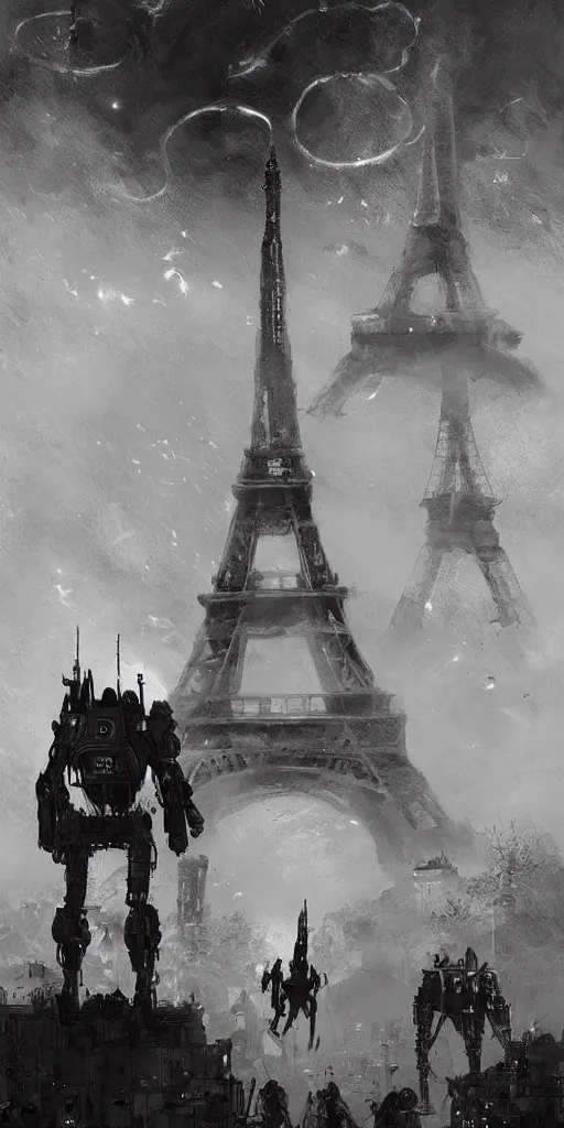 Image similar to war of the worlds, giant mech attack paris, human soldiers, eiffel tower! intense fighting, glowing lights!! digital painting, very detailed, art by jakub rozalski