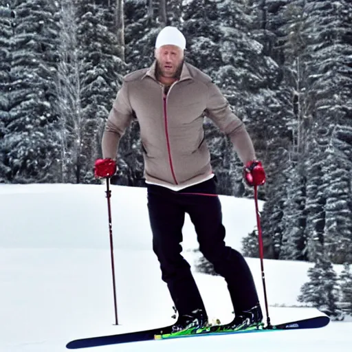 Image similar to jason statham skiing, full body shot, finely detailed