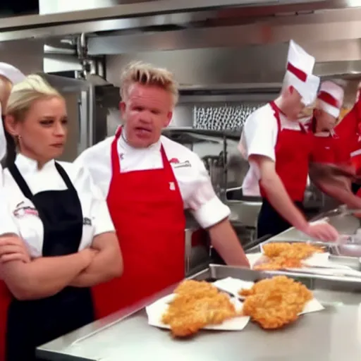 Image similar to gordon ramsay yelling at kfc employees in the kfc kitchen on kitchen nightmares. the employees are lined up and in their kfc uniforms. 4 k broadcast