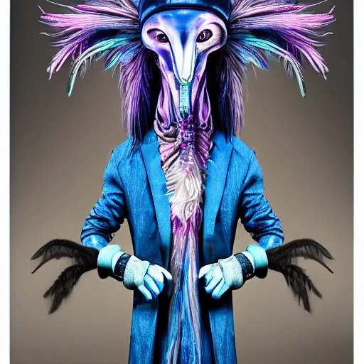 Image similar to A 4 legged tall alien creature with a hump covered in blue and magenta feathers, a long boney neck and face representing a plague doctor mask, high quality, hyper realistic