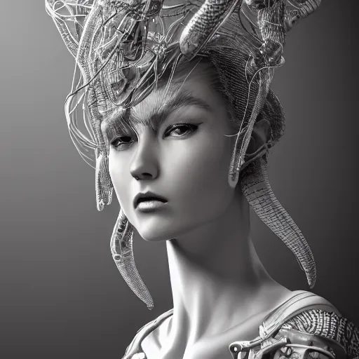 Image similar to closeup portrait of an absurdly beautiful, graceful, sophisticated, fashionable cyberpunk mechanoid gravure idol, ultrafine hyperdetailed illustration by irakli nadar, matt wisniewski style, marvel comics, intricate linework, porcelain skin, neon jellyfish headdress, ivory carved ruff, unreal engine 5 highly rendered, global illumination, radiant light, detailed and intricate environment