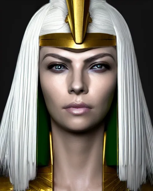 Image similar to perfect white haired attractive egyptian goddess, warframe armor, pharaoh headdress, beautiful, symmetric, dreamy, half asian, pretty face, green eyes, charlize theron, detailed, scifi platform, laboratory, experiment, 4 k, ultra realistic, epic lighting, android body, illuminated, cinematic, masterpiece, art by akihito tsukushi, voidstar