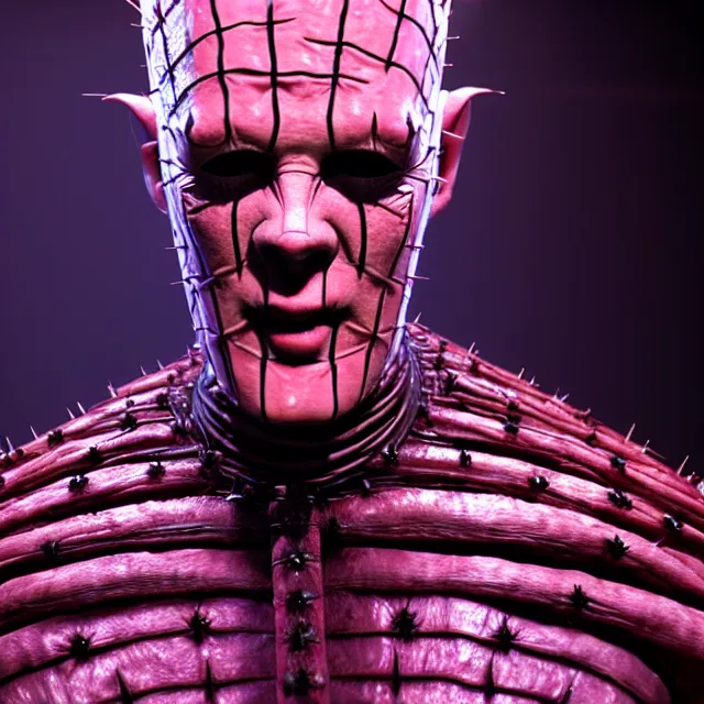 Prompt: pinhead from hellraiser movie, 8 k ultra realistic, lens flare, atmosphere, glow, detailed, intricate, full of colour, led lighting, 4 k, hyperrealistic, focused, extreme details, unreal engine 5, masterpiece