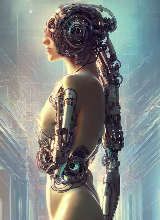 Image similar to beautiful young woman, cybernetic, wires, technology, vaporwave aesthetic, synthwave, intricate, elegant, highly detailed, digital painting, artstation, concept art, smooth, sharp focus, illustration, art by artgerm and greg rutkowski and alphonse mucha