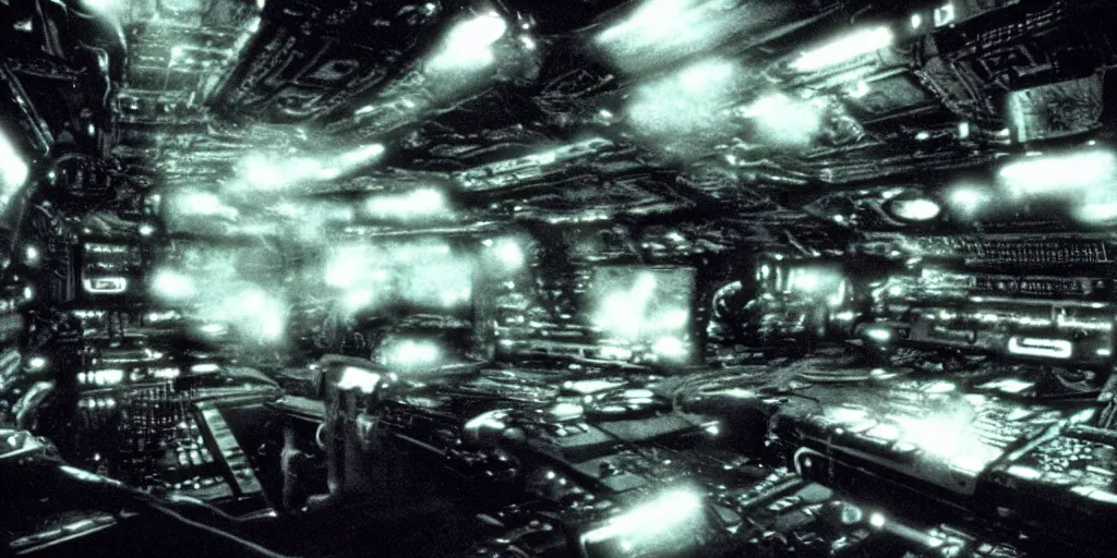 Image similar to a CLOSE UP shot of A command deck computers of Nostromo Aliens ship by Ridley Scott, Aliens movie, grainy, moody, dark, bleak