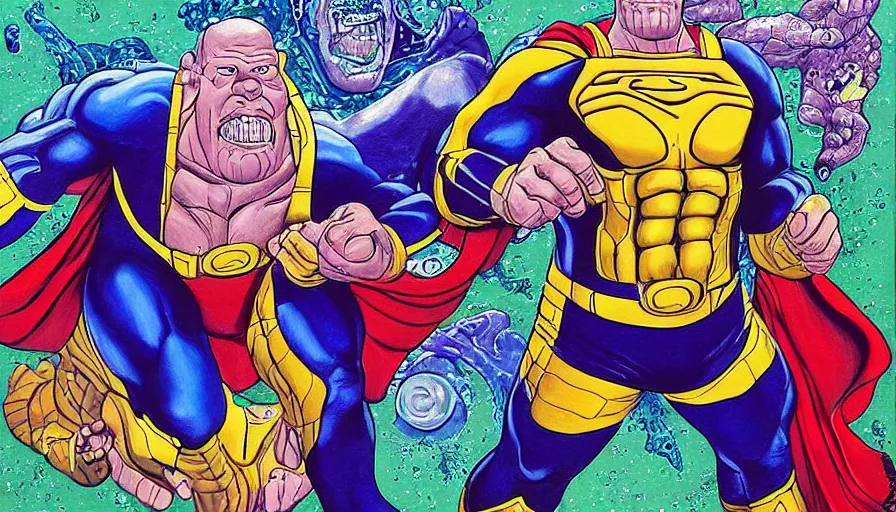 Prompt: beautiful lifelike painting of thanos as superman hunting seamonkeys, hyperreal detailed facial features and uv lighting, retro pixel bitmap art by ed roth and basil wolverton