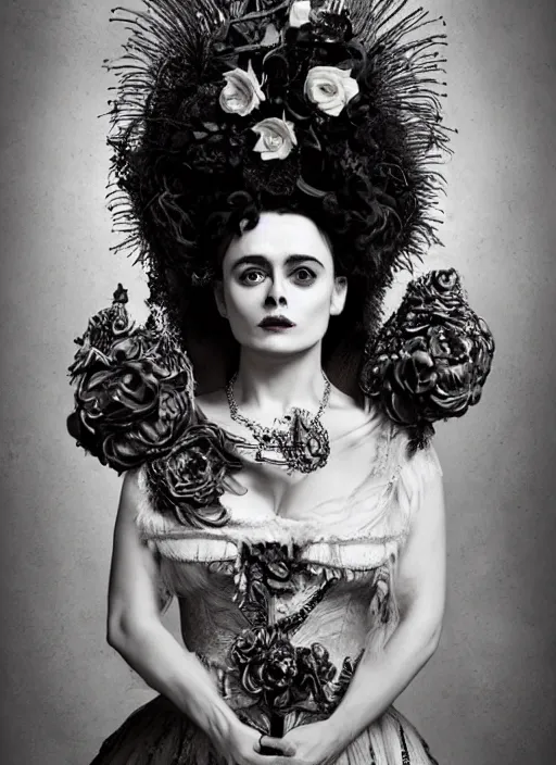 Image similar to a portrait of helena bonham carter by erwin olaf and nekro borja, photorealistic, intricate details, hyper realistic, dark fantasy, rococo onyx headpiece, crystals, photorealistic, canon r 3, photography, symmetrical features, symmetrical pose, wide angle shot, head to toe, standing pose, feet on the ground,