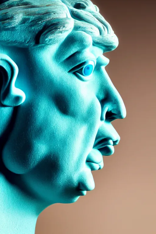 Image similar to hyperrealistic profile rococo human face with neon blue eyes and mechanical mouth Stanley Artgermm very soft teal lighting wide angle 35mm shallow depth of field 8k