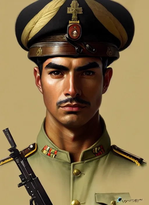 Image similar to portrait of stoic looking very handsome peruvian soldier, military uniform, black hair, thick eyebrows, fantasy, intricate, elegant, highly detailed, centered, dark, smokey, digital painting, artstation, concept art, smooth, sharp focus, illustration, art by artgerm and greg rutkowski and alphonse mucha