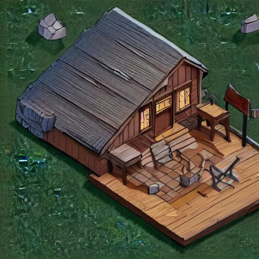 Prompt: concept art of a cabin in the woods, isometric view, unreal engine