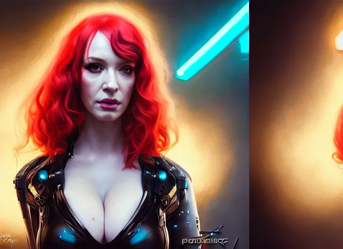 Image similar to portrait shot of a christina hendricks wearing cyberpunk clothing in cyberpunk 2 0 7 7, intricate, elegant, highly detailed, centered, digital painting, artstation, concept art, smooth, sharp focus, illustration, artgerm, tomasz alen kopera, peter mohrbacher, donato giancola, joseph christian leyendecker, wlop, boris vallejo