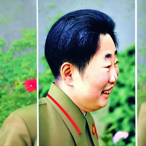 Image similar to colour araki nobuyoshi style close - up photography of detailed north korean kim chen with detailed smiling face, smelling detailed weed bush