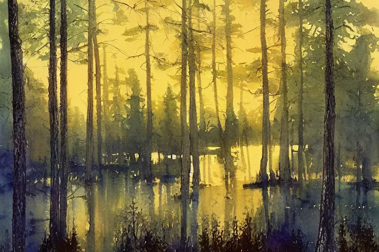 Image similar to small centered on watercolor paper, paint brush strokes, abstract watercolor painting of golden night at mini lake, heavy pine forest, swedish bog, spring and autumn, sharp lighting, cinematic light, american romanticism by hans dahl, by jesper ejsing, by anders zorn, by greg rutkowski, by greg manchess, by tyler edlin