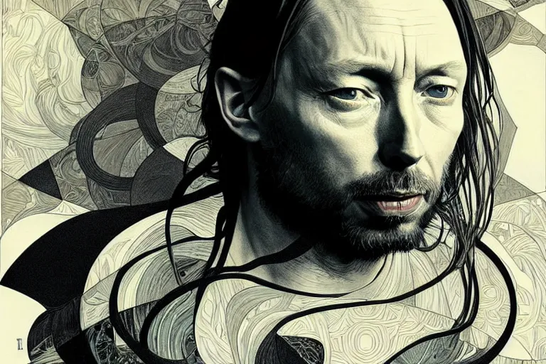 Image similar to hyper realistic portrait of ( ( ( thom yorke ) ) ) singer songwriter, side, liminal space, by lee bermejo, alphonse mucha and greg rutkowski