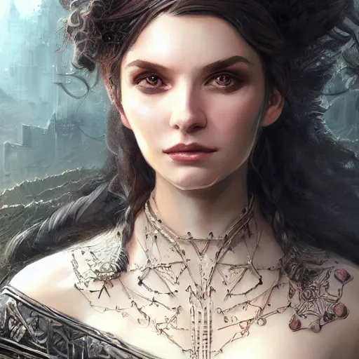 Prompt: a portrait of a younger terri alden as a sorceress, urban motifs, intricate, elegant, highly detailed, digital painting, trending on artstation, concept art, smooth sharp focus, illustration, art by artgerm and greg rutkowski