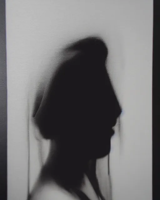 Prompt: photorealism, polaroid, black and white, woman's silhouette, black veil, impressionism