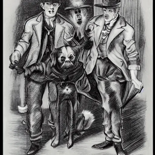 Image similar to black and white vintage drawing of a ragtag team of three dogs dressed as mischievous thieves in a dark steampunk setting