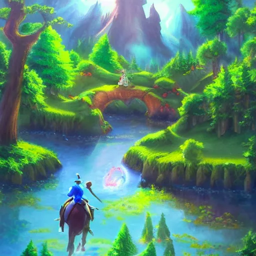 Prompt: zelda ocarina of time landscape, oil painting, beautiful, disney, pixar, artgerm