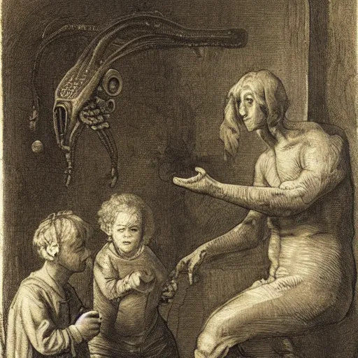 Prompt: alien kid see a human kid for the first time, maury, fink, aiken. by adriaen van ostade.