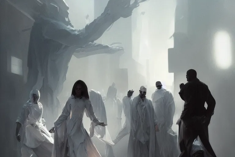 Image similar to a hyperrealistic render of people in white circulating a black alien cube, worship, order, outdoor, by Artgerm,Greg Rutkowski,Alphonse Mucha, Beautiful dynamic dramatic dark moody lighting,shadows,cinematic atmosphere,Artstation,concept design art,Octane render,8K