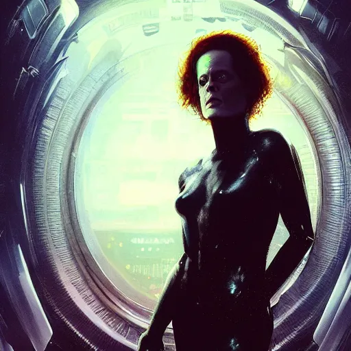 Prompt: sigourney weaver as molly millions, neuromancer, a young beautiful woman, mirror eye implants, cyberpunk, high detail, dramatic light, digital art, dark, promotional art painted by seb mckinnon and greg rutkowski, trending on artstation