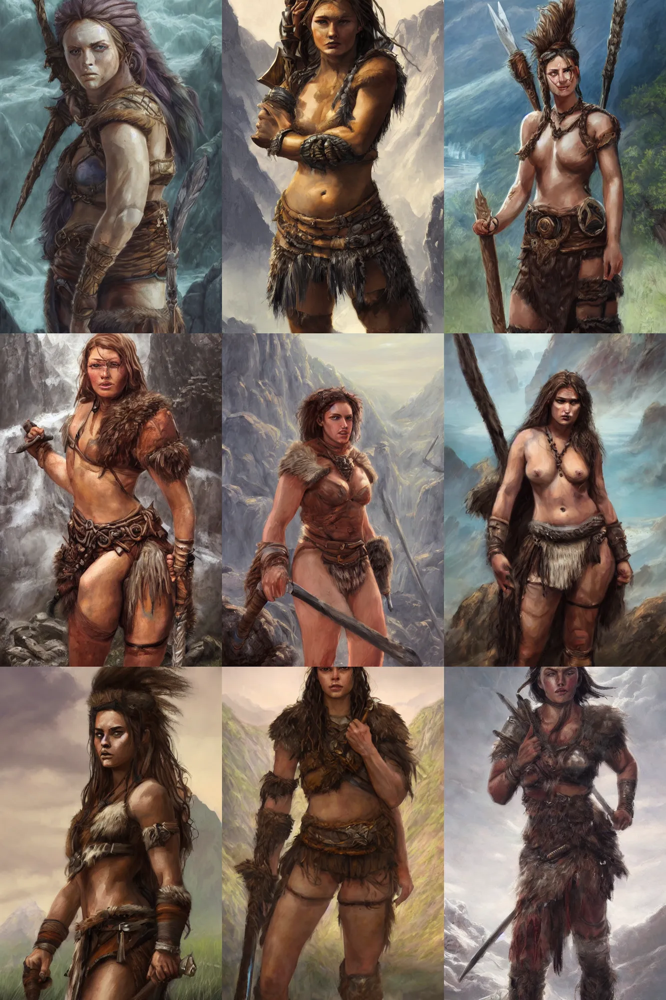 Image similar to a full body high detail fantasy portrait oil painting illustration of a beautiful young rugged stoic barbarian woman by justin sweet with face and body clearly visible, in a scenic background, pupils visible, realistic proportions, d & d, rpg, forgotten realms, artstation trending, high quality, sombre mood, artstation trending, muted colours, entire person visible!