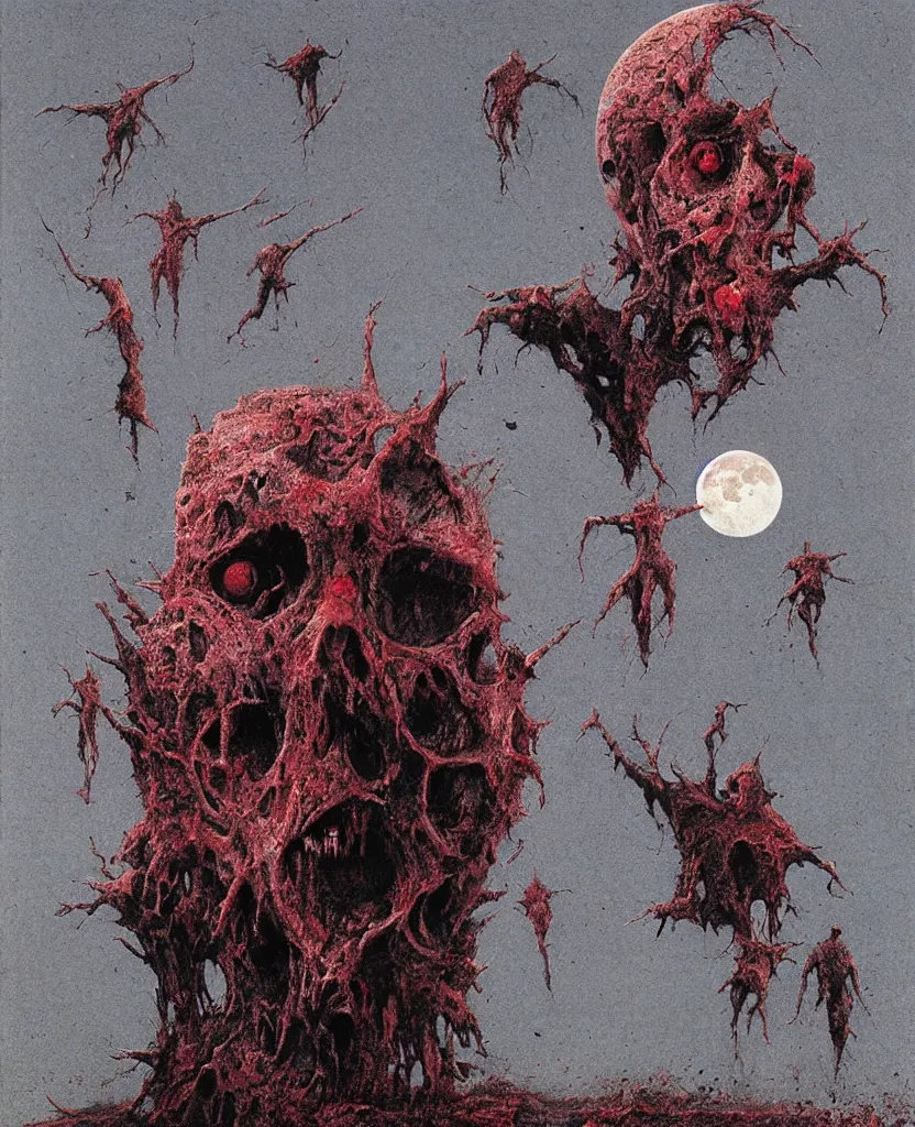 Image similar to moon made from thousands of rotten demonic bloody corpses of Nicolas Cage, body horror, flesh, blood, grotesque hell, highly detailed, red lightning, artstation, art by zdislav beksinski, wayne barlowe, phil hale