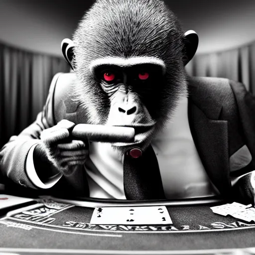 Image similar to monkey in a suit smoking a cigar and playing poker in a casino, 5 0 mm, black and white photo, octane render, realistic