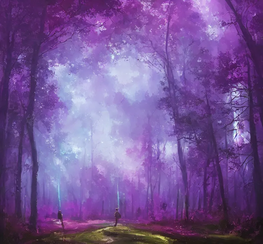 Image similar to purple futuristic solder on forest landscape, acrilic paint, brush paint, heavenly atmosphere, paint, ultra detailed, beautiful image, resolution, artstation