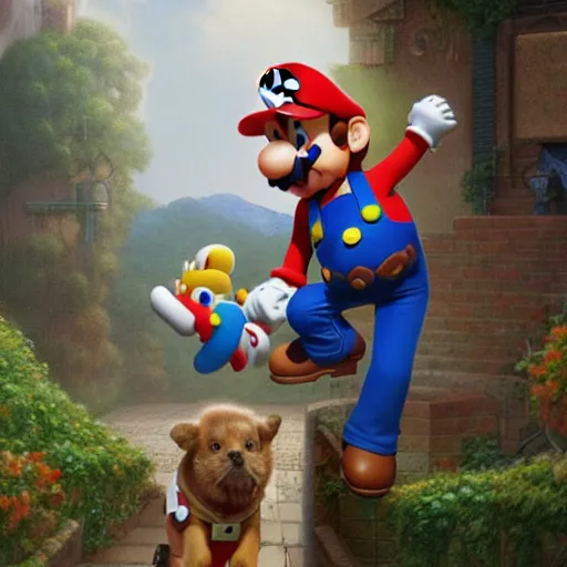 Image similar to john locke as mario walking a dog, plumbing jungle, detailed, centered, digital painting, artstation, concept art, donato giancola, joseph christian leyendecker, wlop, boris vallejo, breathtaking, 8 k resolution, extremely detailed, beautiful, establishing shot, artistic, hyperrealistic, beautiful face, octane render, cinematic lighting, dramatic lighting, masterpiece