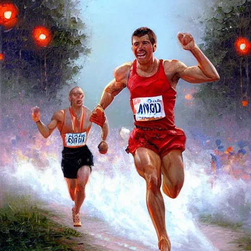 Prompt: portrait of a olympic games champion running, an oil painting by ross tran and thomas kincade